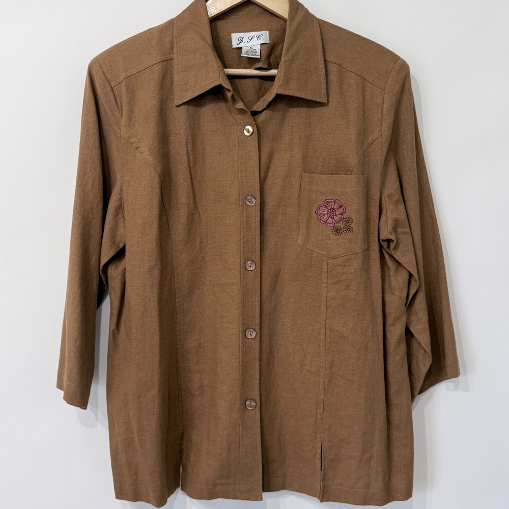 JPC Linen Blend Button Up Shirt‎ Womens XL Camel Brown Embroidered Pocket